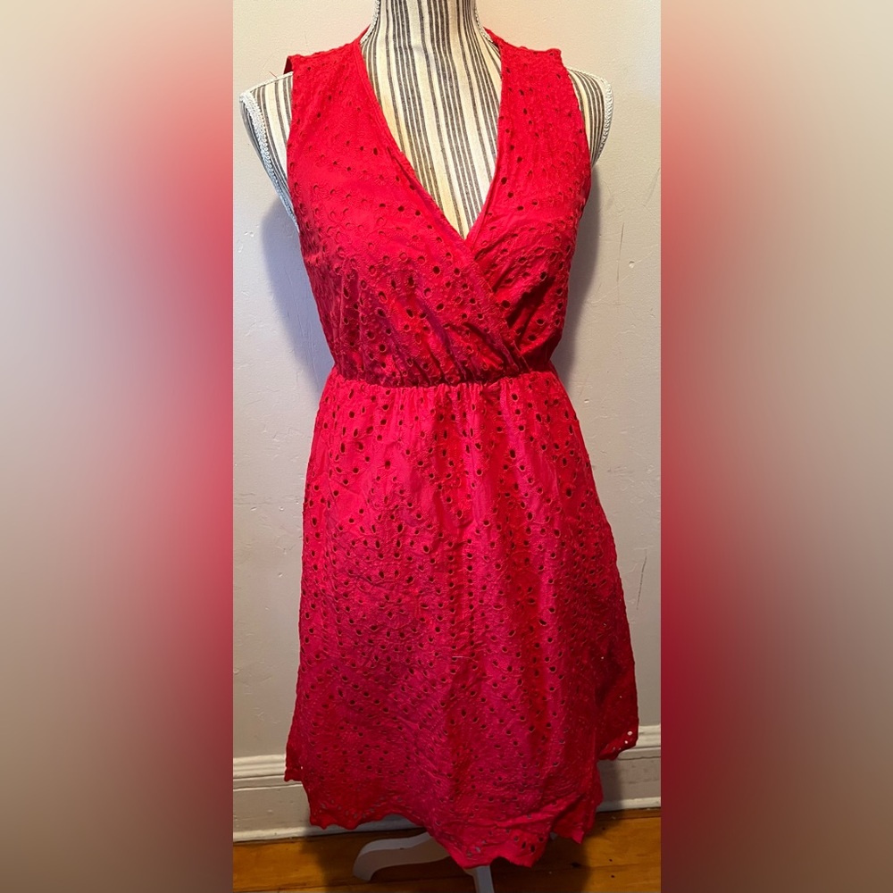 Le Raganne Eyelet Cotton V Neck Dress Fully Lined Size Small